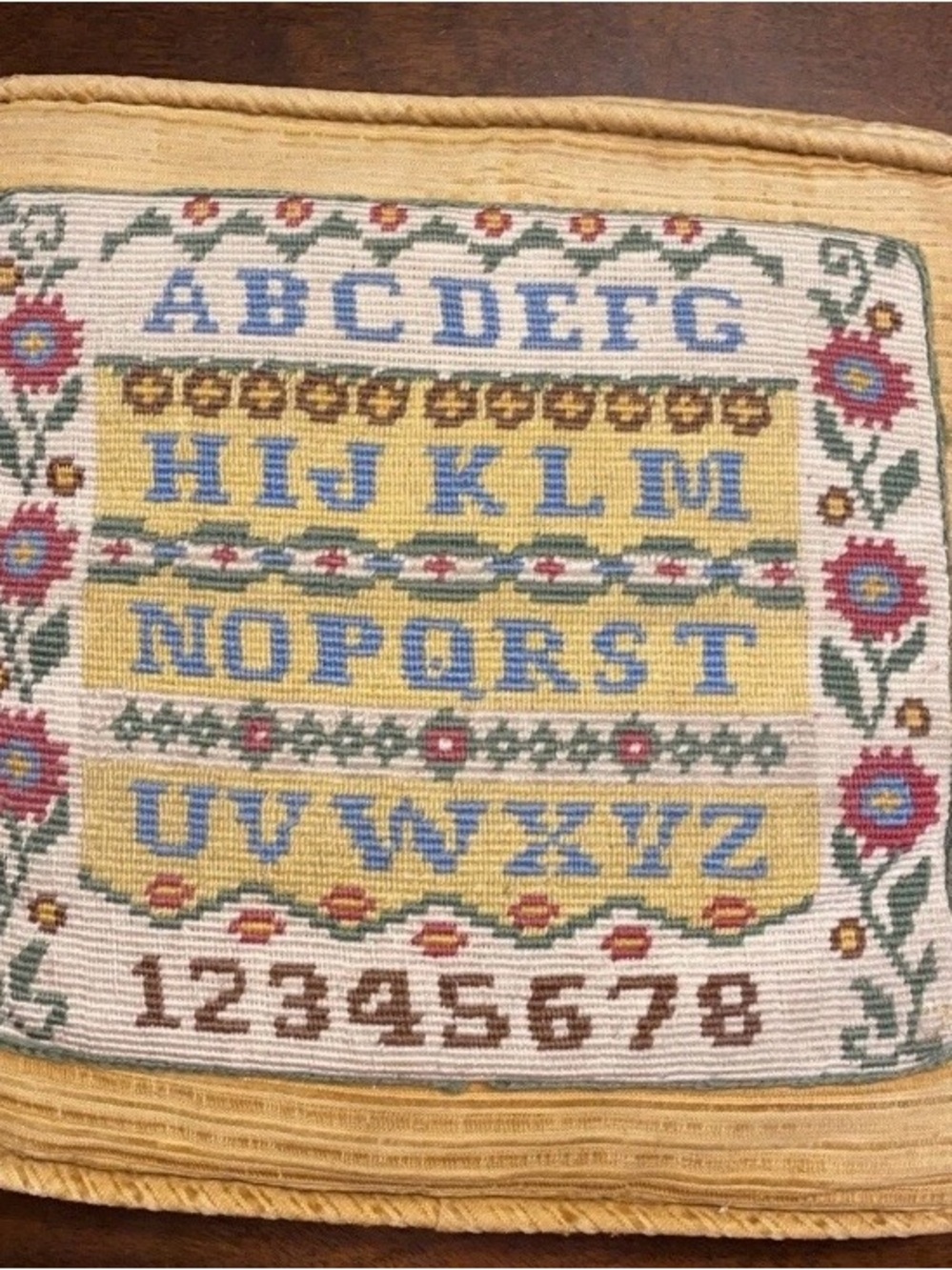 Vintage Embroidered Needlework Alphabet Sampler Pillow 12” x 12” -AA9